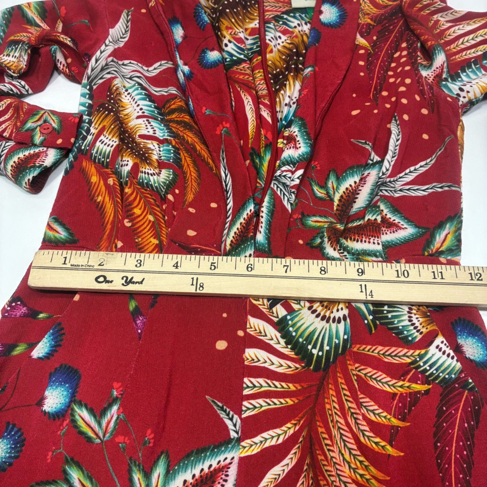 Farm Rio Jumpsuit Women Size XS Elegant Red Floral V-neck long sleeves waterfall - Picture 11 of 13